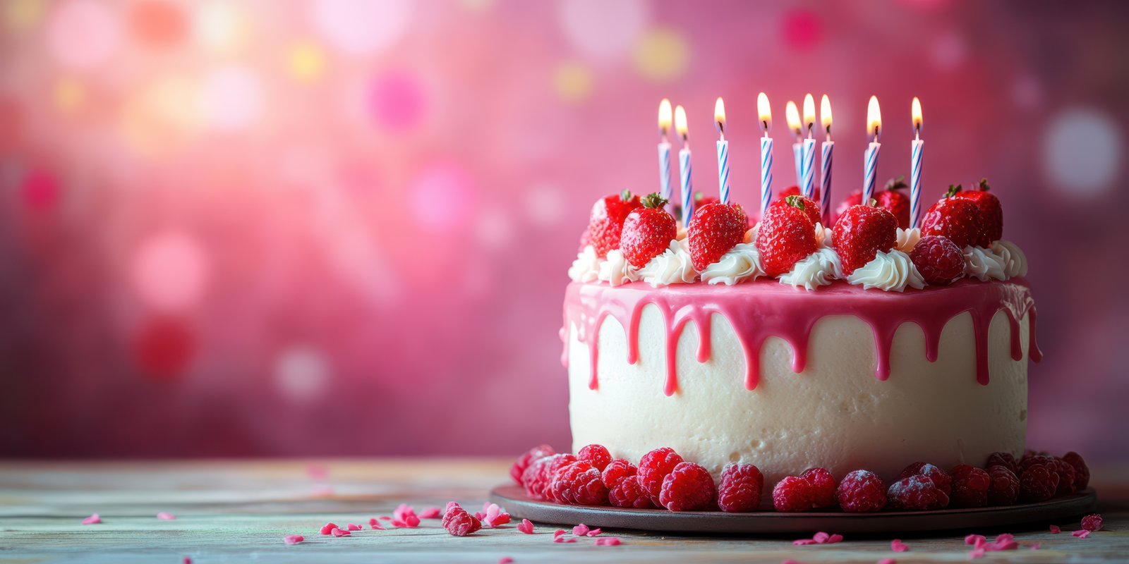 Delicious birthday cake decorated with fresh raspberries and lit candles on a festive background